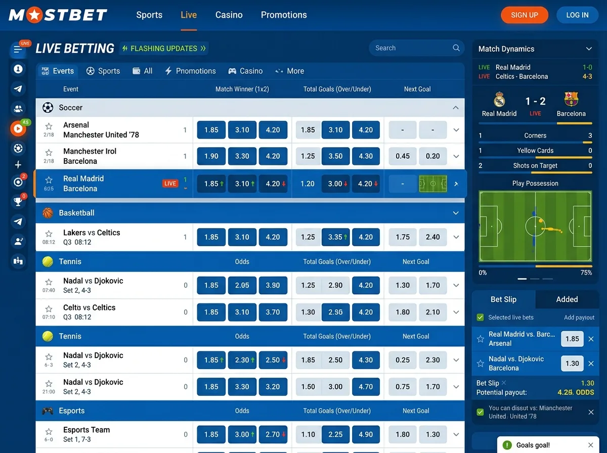Лайв-ставки в реальном времени на сайте Mostbet — таблица с обновляющимися коэффициентами, динамика матча, синий интерфейс