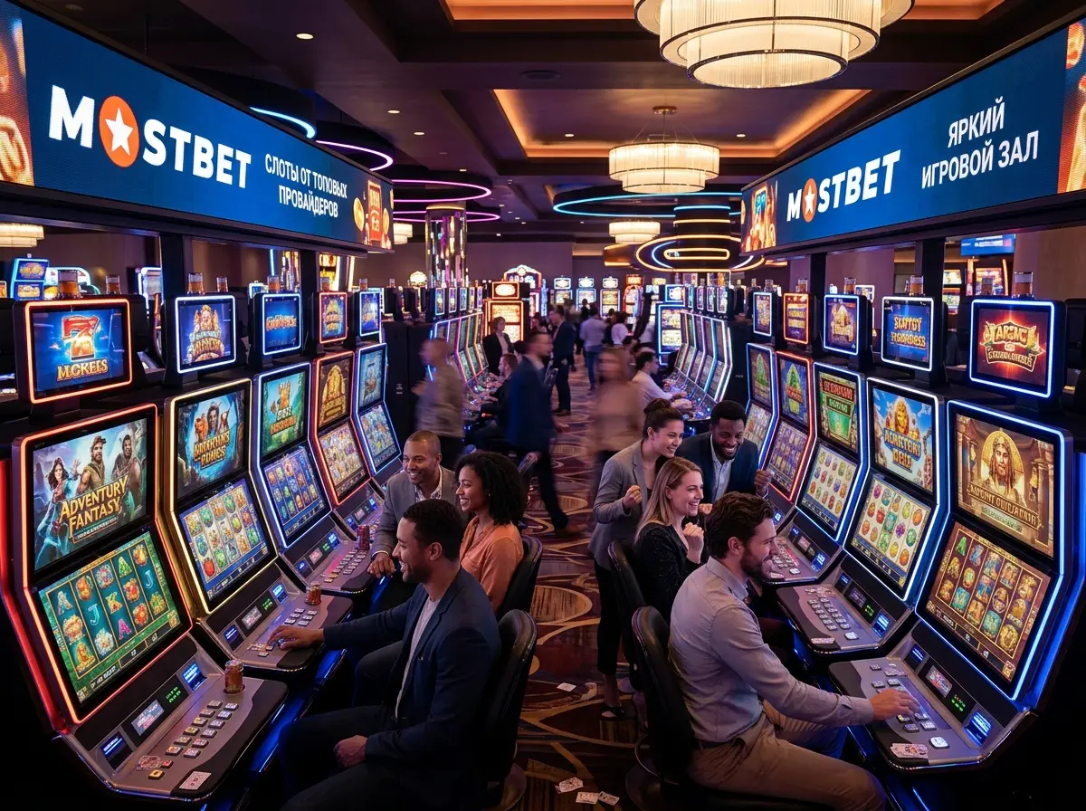 Онлайн-казино Mostbet — слоты от топовых провайдеров, яркий игровой зал, атмосфера азарта
